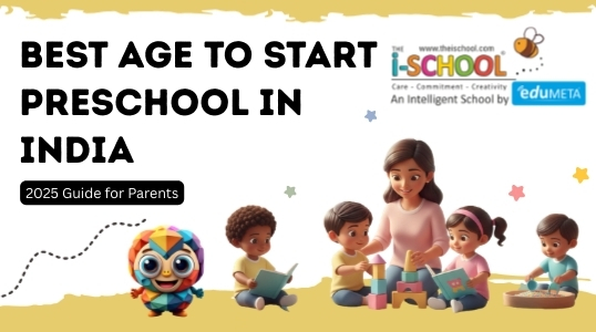 Illustration of a preschool teacher reading with young children alongside THE i-SCHOOL mascot, representing the best age to start preschool in India.
