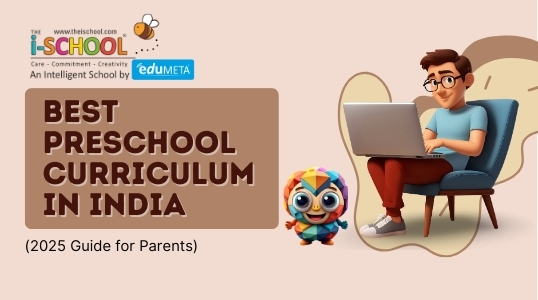 Illustration of a parent researching preschool curriculum online with THE i-SCHOOL mascot, representing the best preschool curriculum options in India.