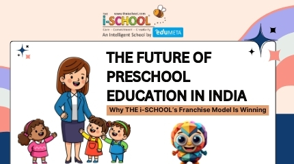 A cheerful illustration of a preschool teacher standing with happy children, representing the future of preschool education in India, with THE i-SCHOOL branding.