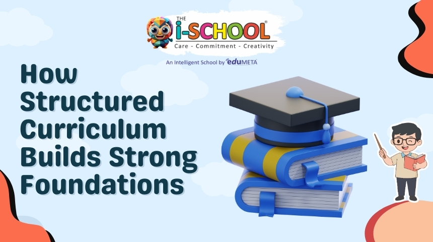 Banner by THE i-SCHOOL titled “How Structured Curriculum Builds Strong Foundations,” featuring books with a graduation cap and a teacher illustration representing preschool curriculum and early childhood learning.