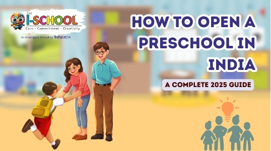 Illustration banner by THE i-SCHOOL titled “How to Open a Preschool in India – A Complete 2025 Guide,” showing a child with a school bag greeting teachers in a preschool classroom setting.