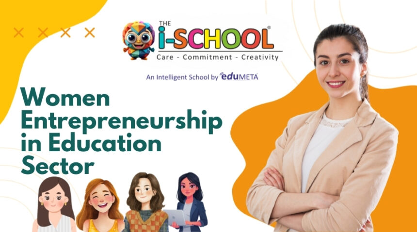 Banner by THE i-SCHOOL titled “Women Entrepreneurship in Education Sector,” featuring a confident professional woman and illustrations representing women-led ventures in preschool education.