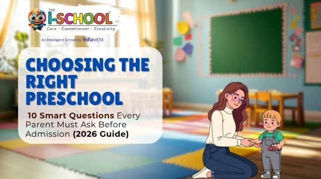 Choosing the right preschool guide with teacher and child interaction in a colorful classroom