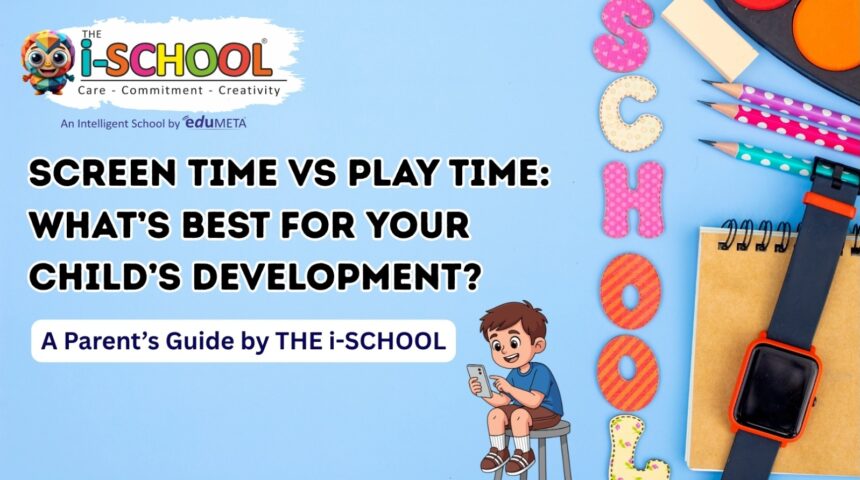 Child using a smartphone with school supplies around, highlighting screen time vs play time for child development by THE i-SCHOOL