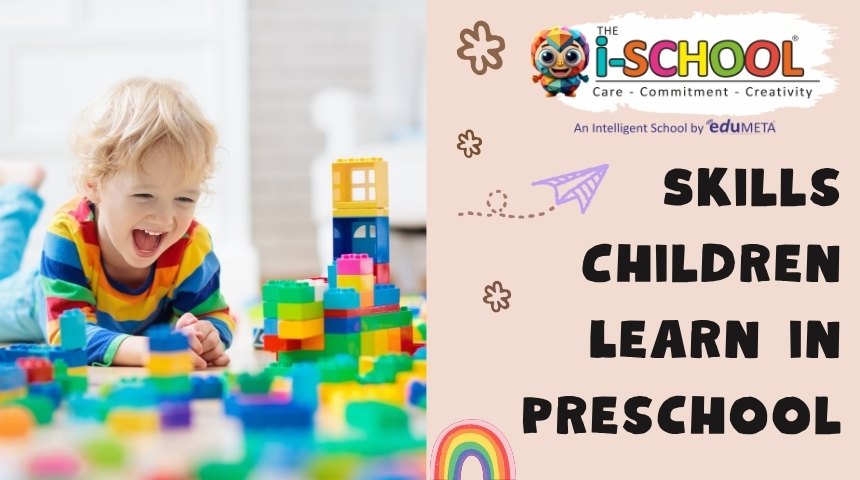 Happy preschool child playing with colorful building blocks, developing creativity and motor skills in a learning environment