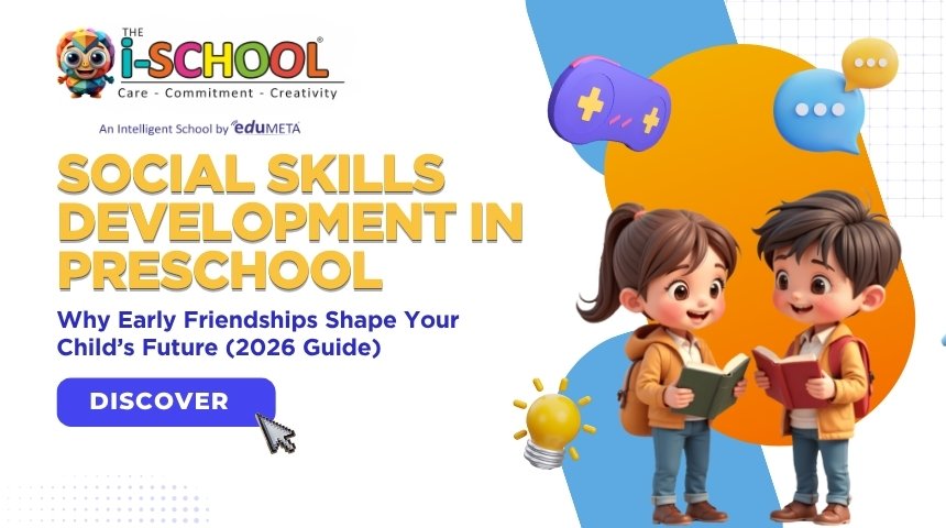 Social skills development in preschool with two children interacting and learning together