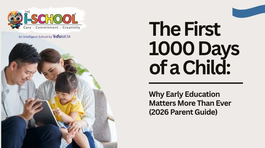 Parents and child learning together on a tablet highlighting the importance of the first 1000 days of early childhood education