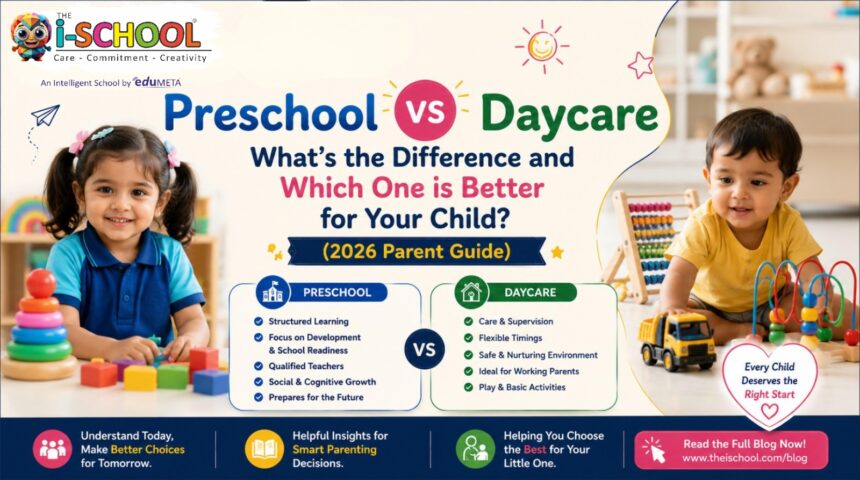 Children playing and learning in a preschool and daycare comparison poster explaining the differences between preschool and daycare for parents.