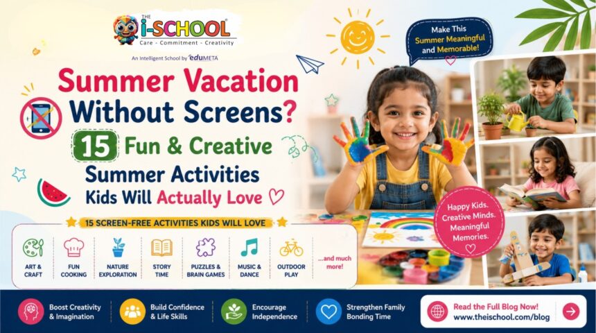 Happy preschool children enjoying screen-free summer vacation activities like painting, gardening, reading, cooking, puzzles, music, and outdoor play in a creative learning environment.
