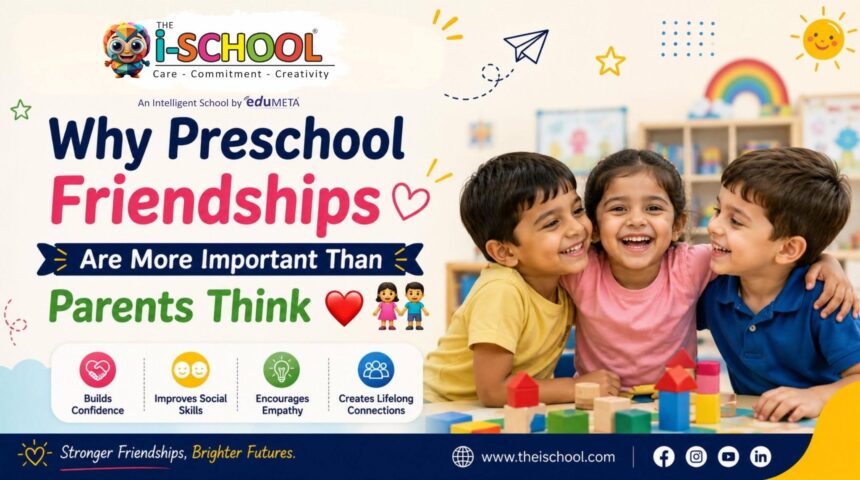 Happy preschool children smiling and playing together in a classroom, highlighting the importance of friendships in early childhood development at The i-School.