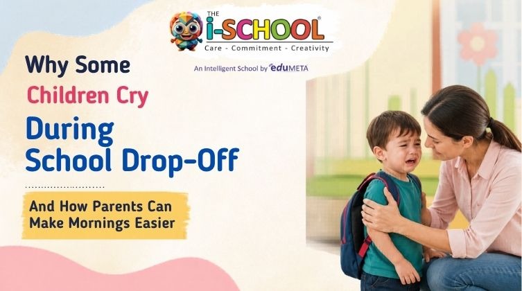 A young child crying during school drop-off while a teacher comforts him in a preschool classroom. Educational poster discussing why children cry during school drop-off and how parents can make mornings easier.