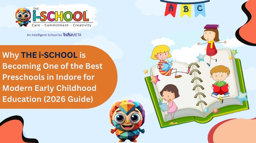 Colorful promotional banner of THE i-SCHOOL preschool in Indore featuring cartoon children reading and learning from an open book, highlighting modern early childhood education for 2026.