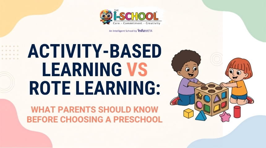 Children engaging in activity-based learning with shape-sorting toys, comparing activity-based learning vs rote learning in preschool education.