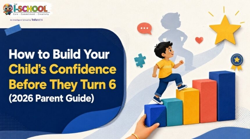 Child climbing colorful blocks symbolizing confidence, growth, and achievement with the title "How to Build Your Child's Confidence Before They Turn 6 (2026 Parent Guide)" by THE i-SCHOOL.