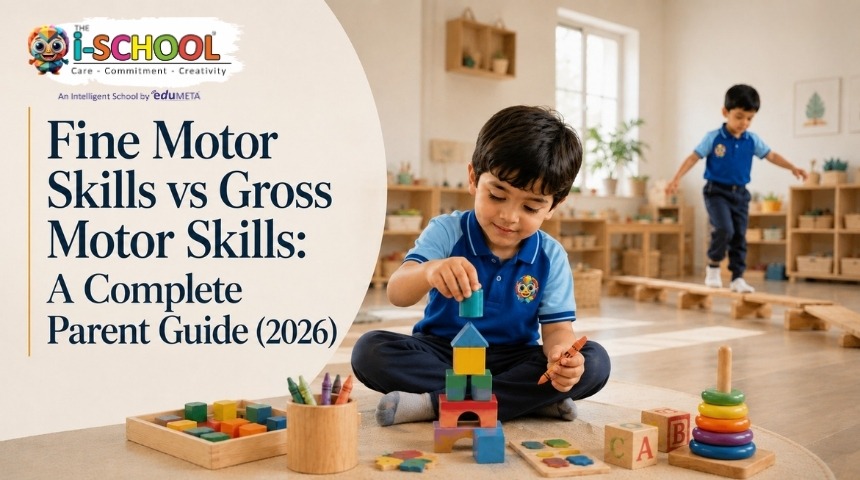 A preschool child building blocks and engaging in balance activities to demonstrate the difference between fine motor skills and gross motor skills in early childhood development.