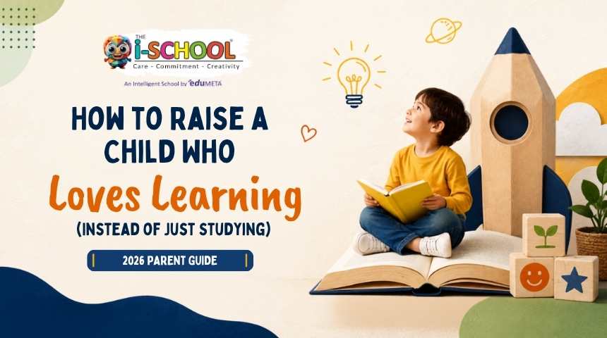 A young child reading a book beside a rocket-shaped play structure with the title "How to Raise a Child Who Loves Learning Instead of Just Studying – 2026 Parent Guide" by THE i-SCHOOL.