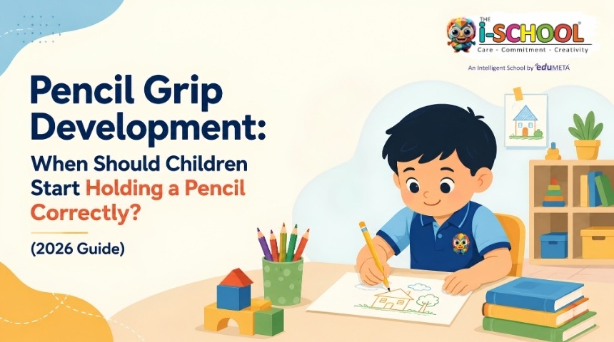 A young child practicing proper pencil grip while drawing at a table, with educational toys, books, and stationery in the background.