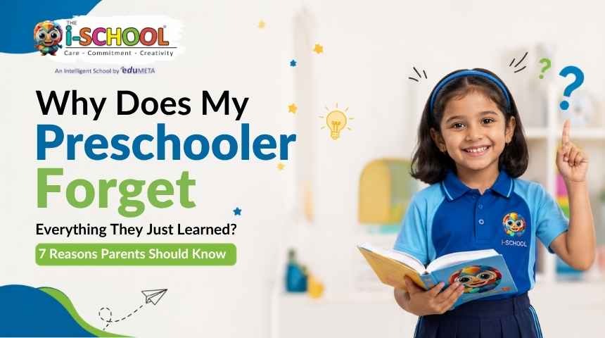 Why does my preschooler forget everything they just learned? A young girl in a school uniform holds a book while thinking, highlighting seven common reasons preschool children may forget what they learn.