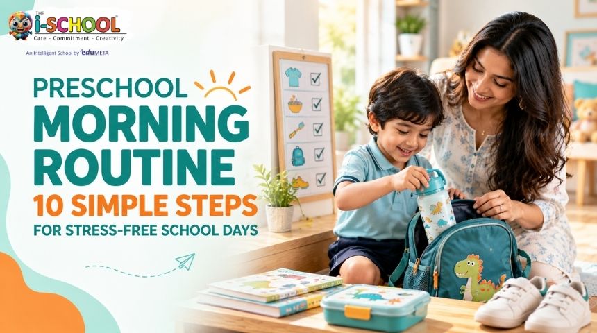 Preschool morning routine with a mother helping her child pack a school bag, water bottle, and lunchbox for a stress-free school day.